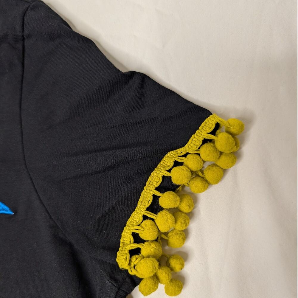 Too Fast Embroidered Bird Pom Pom Trim Cotton Blend T Shirt Sz M Boho Festival - Picture 9 of 12